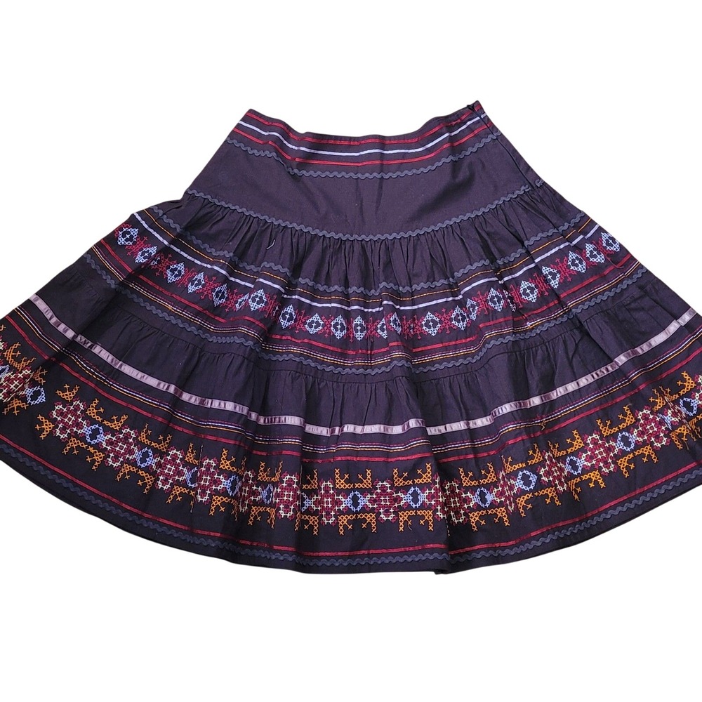 Boho Folk‎ Midi Skirt Brown Cross Stitch Embroidered Ribbon Trim Size M - Picture 4 of 8